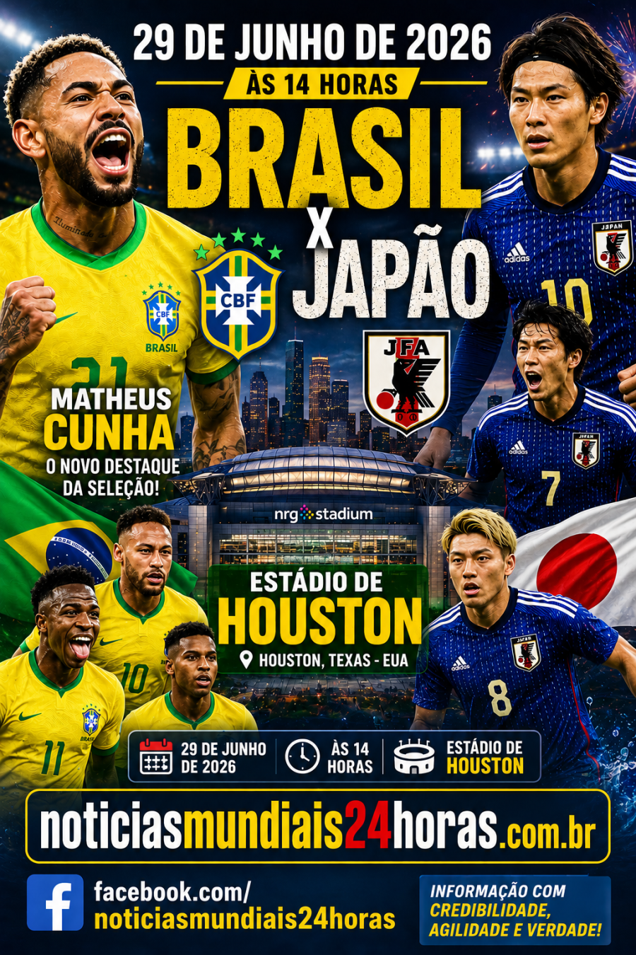 Jogo Brasil e Japão no dia 29 de junho na copa do mundo